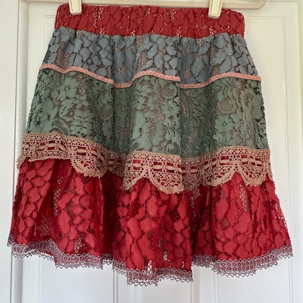 Alexis Multi-Colored Lace Mixed-Media Flare Mini Skirt - Picture 6 of 10